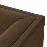 An inviting take on the classic tuxedo sofa, made for modern living. Celebrating mitered corners, for precision at every angle, and a layered, upholstered frame for a sharp, architectural look, the sofa rests on a wood plinth base. Tailored in the United States with thick pocket-seam cushions for unexpected comfort. Amethyst Home provides interior design, new home construction design consulting, vintage area rugs, and lighting in the Omaha metro area.