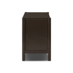 Lacquered cabinets make for evocative storage with their everlasting glossy finish. Great for small spaces, this sideboard with interior shelves features worn black oak doors for balance and contrast Amethyst Home provides interior design, new home construction design consulting, vintage area rugs, and lighting in the Los Angeles metro area.