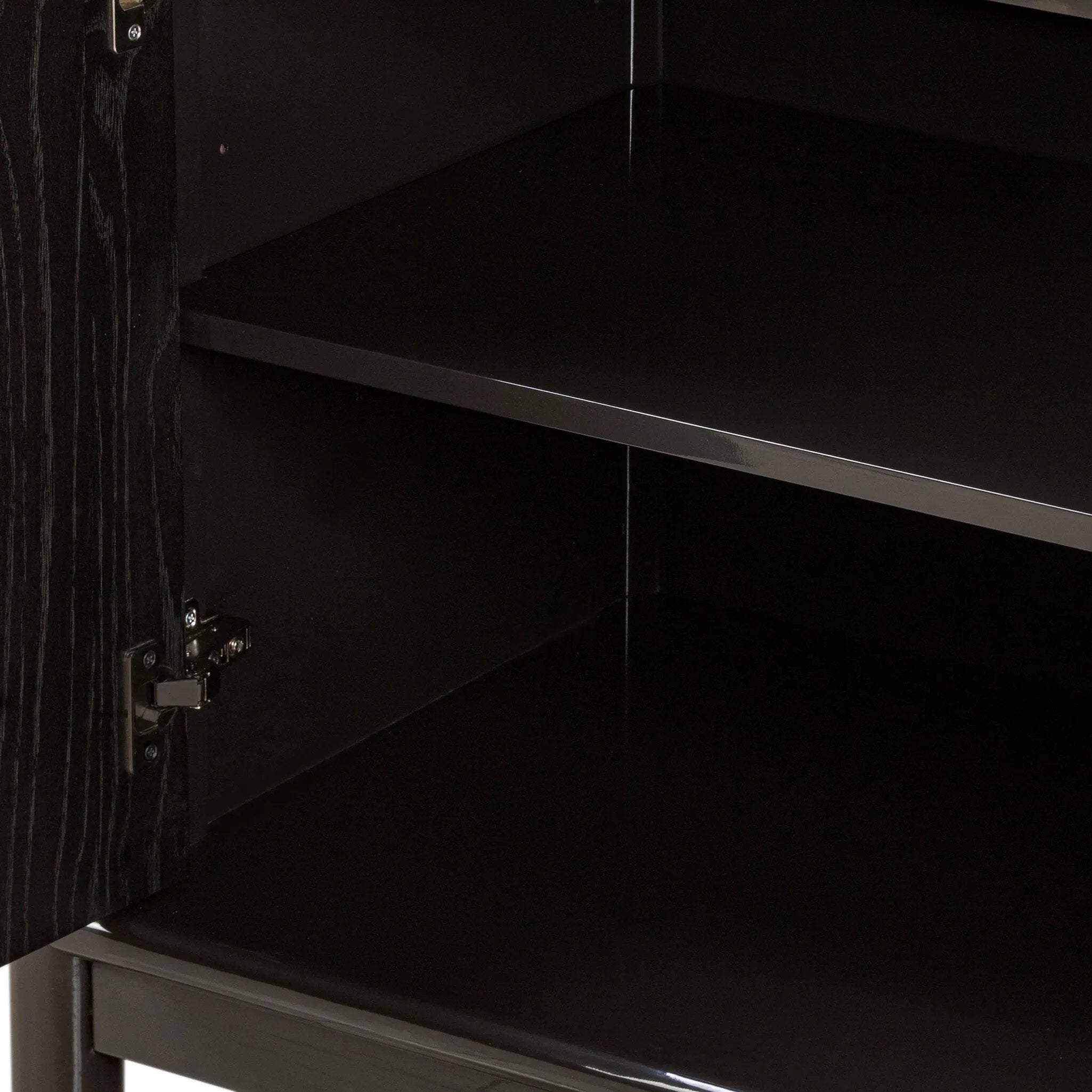 Lacquered cabinets make for evocative storage with their everlasting glossy finish. Great for small spaces, this sideboard with interior shelves features worn black oak doors for balance and contrast Amethyst Home provides interior design, new home construction design consulting, vintage area rugs, and lighting in the Salt Lake City metro area.