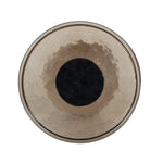 A sphere-shaped base of amber cast glass supports slim, black-finished iron piping and a tray-style tabletop that's perfectly sized to keep your favorite book or nightcap within reach Amethyst Home provides interior design, new home construction design consulting, vintage area rugs, and lighting in the Miami metro area.