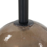 A sphere-shaped base of amber cast glass supports slim, black-finished iron piping and a tray-style tabletop that's perfectly sized to keep your favorite book or nightcap within reach Amethyst Home provides interior design, new home construction design consulting, vintage area rugs, and lighting in the Nashville metro area.