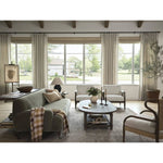 Featuring Warren Ivan Snow Chair by Four Hands at Amethyst Home. A classic silhouette through a contemporary lens. Framed in vintage oak, this accent chair features tapered legs, spindles along the arms and bauble details. Finished in Turkish-made upholstery with a heavy pile that blends brushed, pulled and boucle styles, it's woven into a subtle linear pat. Amethyst Home provides interior design, new home construction design consulting, vintage area rugs, and lighting in the Charlotte metro area.