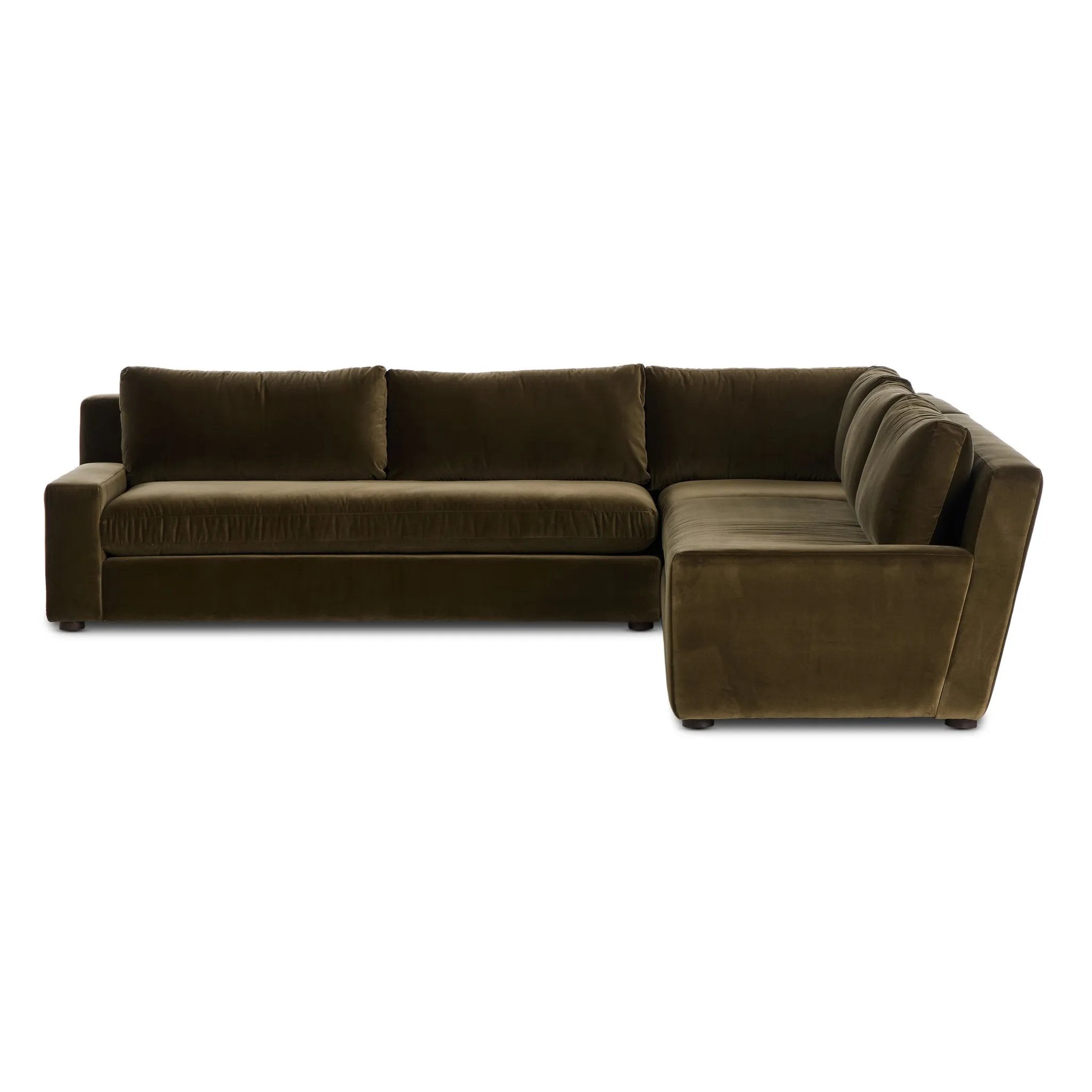 Featuring Yelena Surrey Olive 3-Piece Sectional by Four Hands at Amethyst Home. Add a hint of modern to your space with the streamlined silhouette and dramatic side profile of this track arm sectional. Designed with subtle tapering seen from the side and inviting bench-style seating. Crafted with extra plush foam cushions and S-spring suspension.Overall Dim. Amethyst Home provides interior design, new home construction design consulting, vintage area rugs, and lighting in the Calabasas metro area.