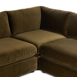 Featuring Yelena Surrey Olive 3-Piece Sectional by Four Hands at Amethyst Home. Add a hint of modern to your space with the streamlined silhouette and dramatic side profile of this track arm sectional. Designed with subtle tapering seen from the side and inviting bench-style seating. Crafted with extra plush foam cushions and S-spring suspension.Overall D. Amethyst Home provides interior design, new home construction design consulting, vintage area rugs, and lighting in the Los Angeles metro area.