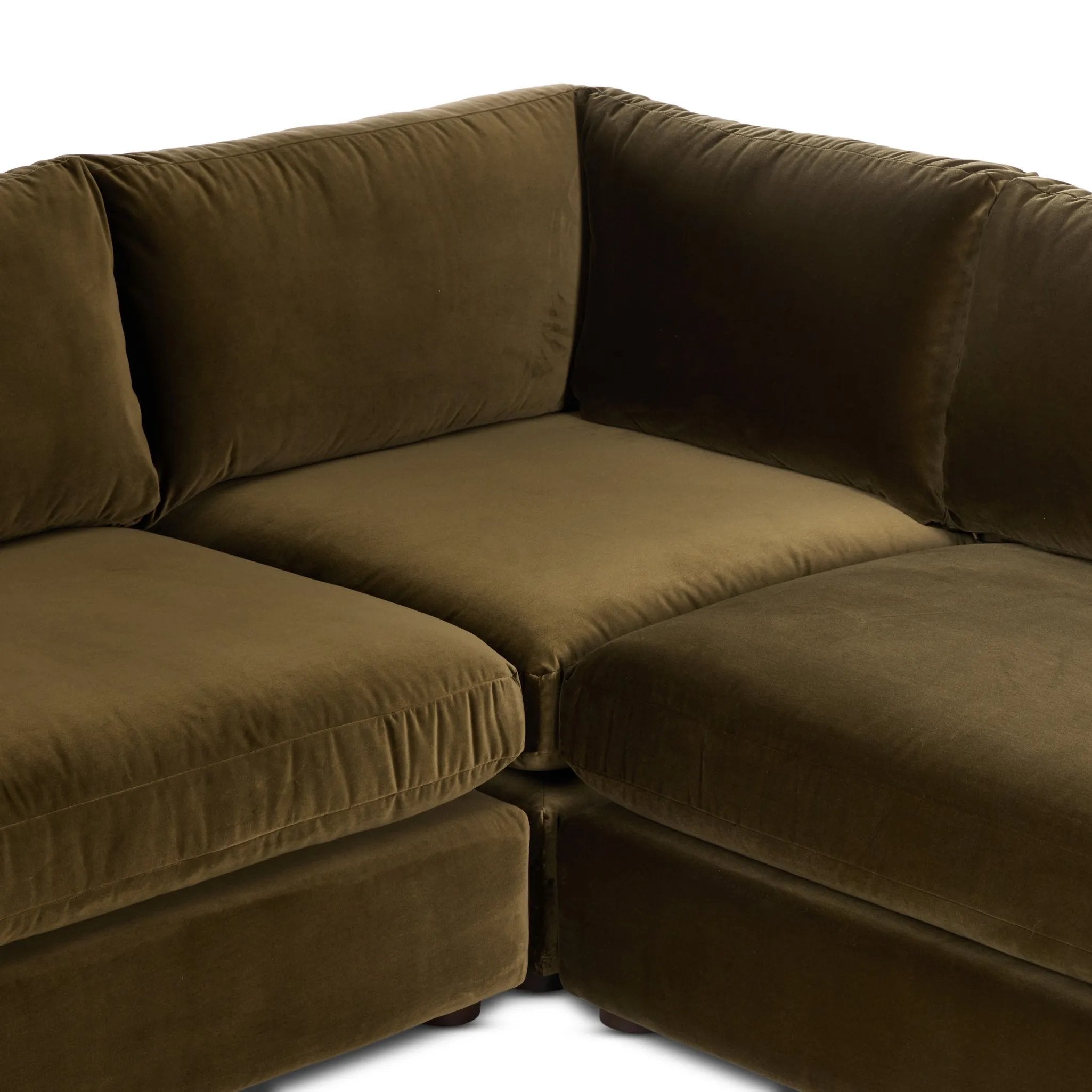 Featuring Yelena Surrey Olive 3-Piece Sectional by Four Hands at Amethyst Home. Add a hint of modern to your space with the streamlined silhouette and dramatic side profile of this track arm sectional. Designed with subtle tapering seen from the side and inviting bench-style seating. Crafted with extra plush foam cushions and S-spring suspension.Overall D. Amethyst Home provides interior design, new home construction design consulting, vintage area rugs, and lighting in the Los Angeles metro area.