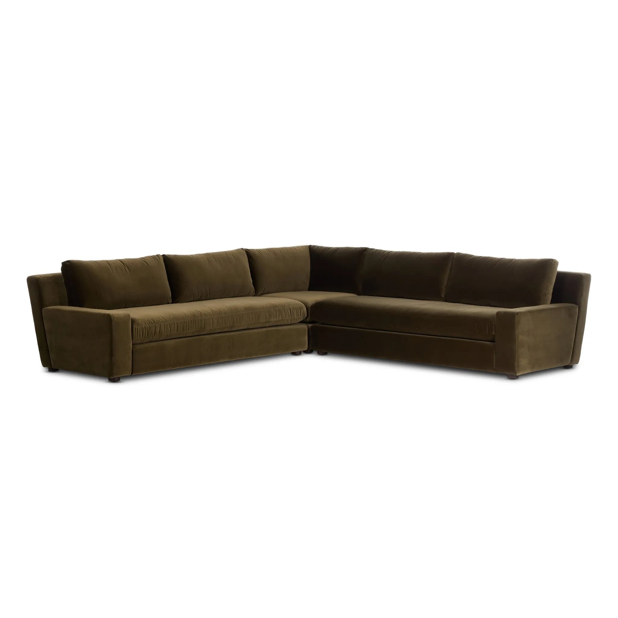 Featuring Yelena Surrey Olive 3-Piece Sectional by Four Hands at Amethyst Home. Add a hint of modern to your space with the streamlined silhouette and dramatic side profile of this track arm sectional. Designed with subtle tapering seen from the side and inviting bench-style seating. Crafted with extra plush foam cushions and S-spring suspension.Overall Di. Amethyst Home provides interior design, new home construction design consulting, vintage area rugs, and lighting in the Scottsdale metro area.
