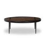 Smoky brown glass-topped table with slim, tapered matte black metal frames for a sleek, modern look. Part of a nesting set, c