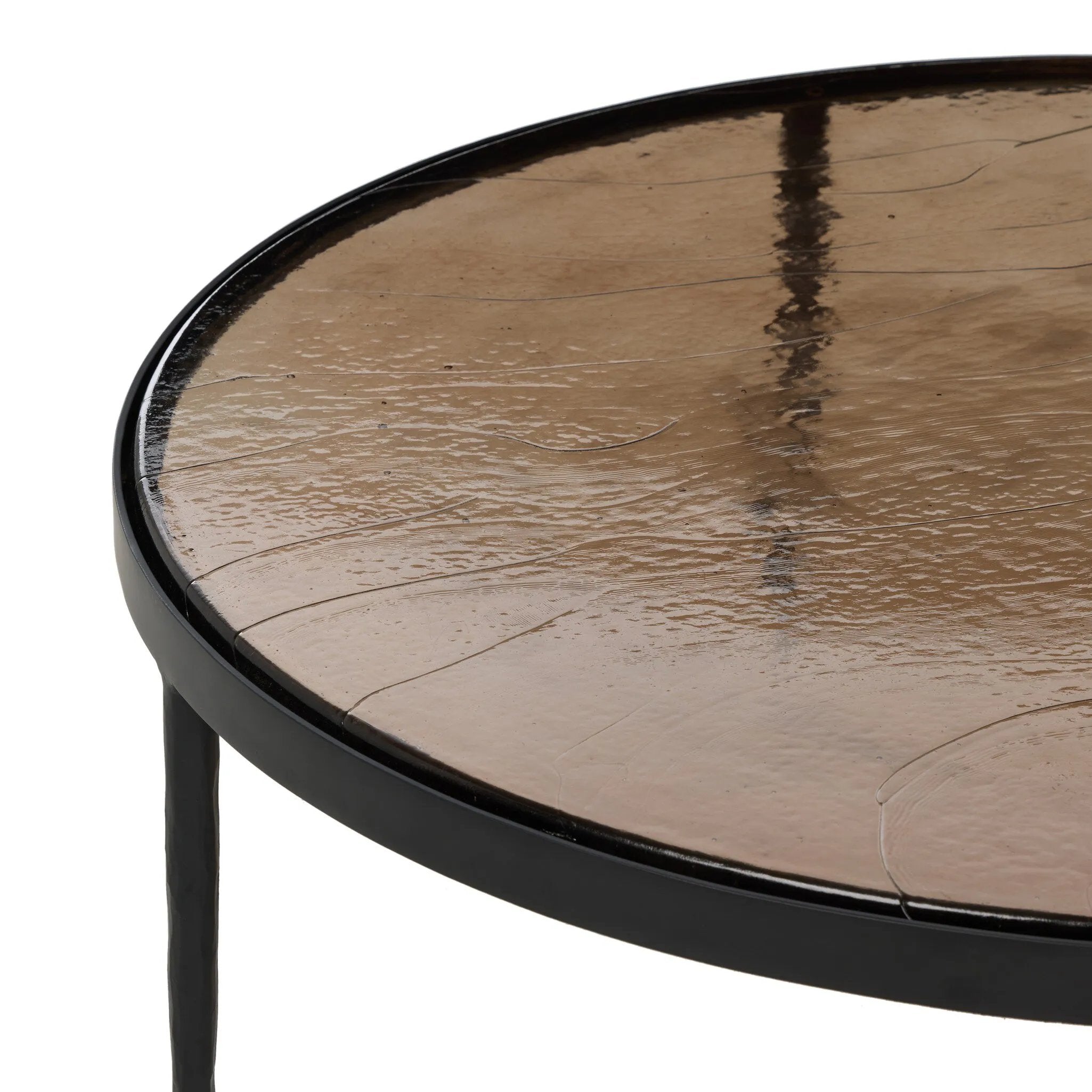 Smoky brown glass-topped table with slim, tapered matte black metal frames for a sleek, modern look. Part of a nesting set, c