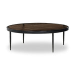 Smoky brown glass-topped table with slim, tapered matte black metal frames for a sleek, modern look. Part of a nesting set, c