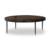 Smoky brown glass-topped table with slim, tapered matte black metal frames for a sleek, modern look. Part of a nesting set, c
