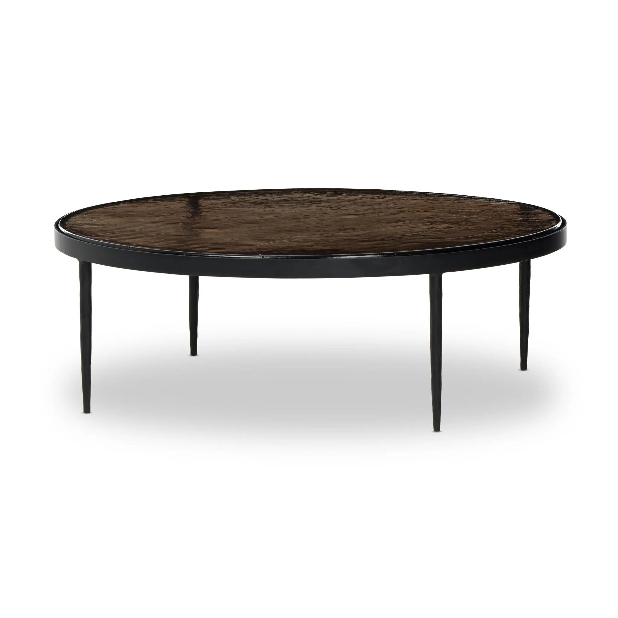 Smoky brown glass-topped table with slim, tapered matte black metal frames for a sleek, modern look. Part of a nesting set, c