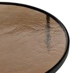 Smoky brown glass-topped table with slim, tapered matte black metal frames for a sleek, modern look. Part of a nesting set, c