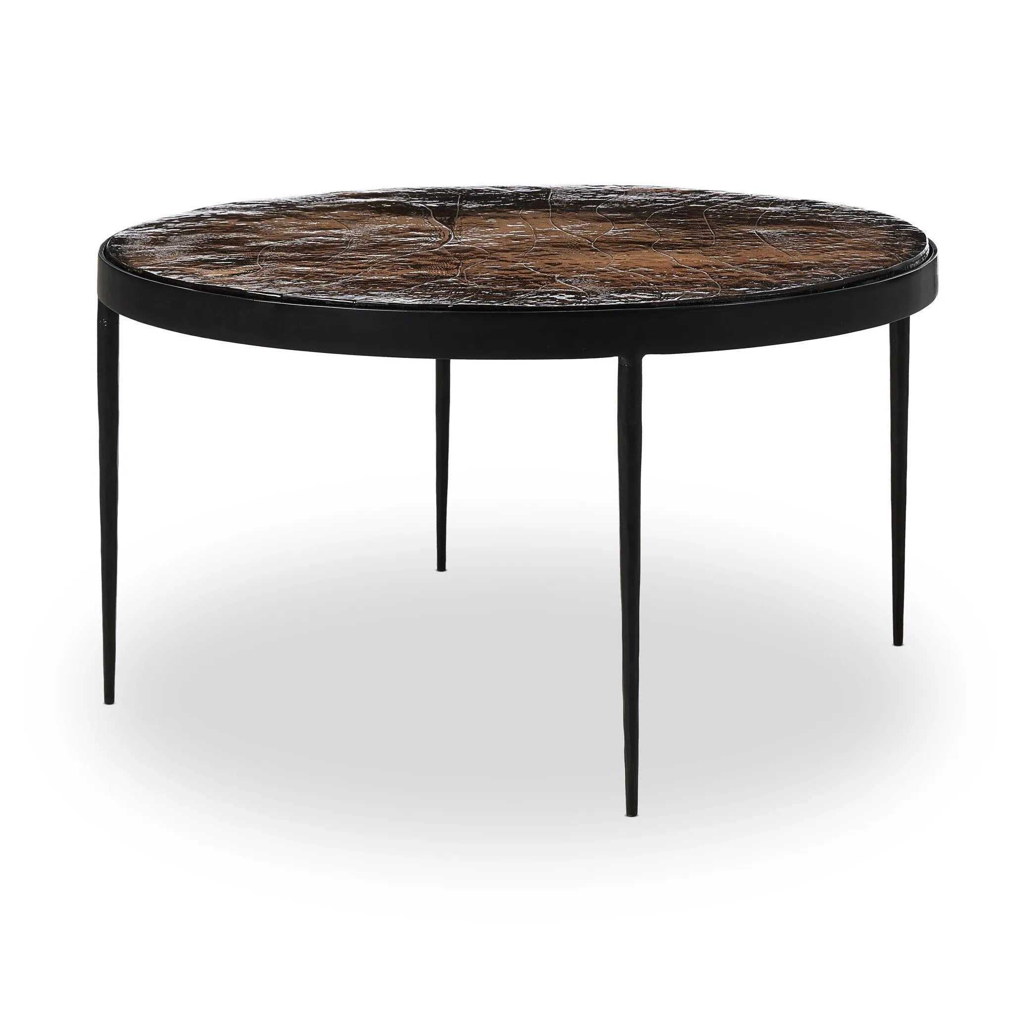 Smoky brown glass-topped table with slim, tapered matte black metal frames for a sleek, modern look. Part of a nesting set, can be used alone or paired with its smaller counterpart.Collection: Marlo Amethyst Home provides interior design, new home construction design consulting, vintage area rugs, and lighting in the Alpharetta metro area.