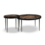 Smoky brown glass tops with slim, tapered matte black metal frames in a sleek, contemporary design. Available as a nesting set or standalone tables.Collection: Marlo Amethyst Home provides interior design, new home construction design consulting, vintage area rugs, and lighting in the Boston metro area.