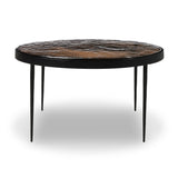 Smoky brown glass-topped table with slim, tapered matte black metal frames for a sleek, modern look. Part of a nesting set, can be used alone or paired with its smaller counterpart.Collection: Marlo Amethyst Home provides interior design, new home construction design consulting, vintage area rugs, and lighting in the Des Moines metro area.
