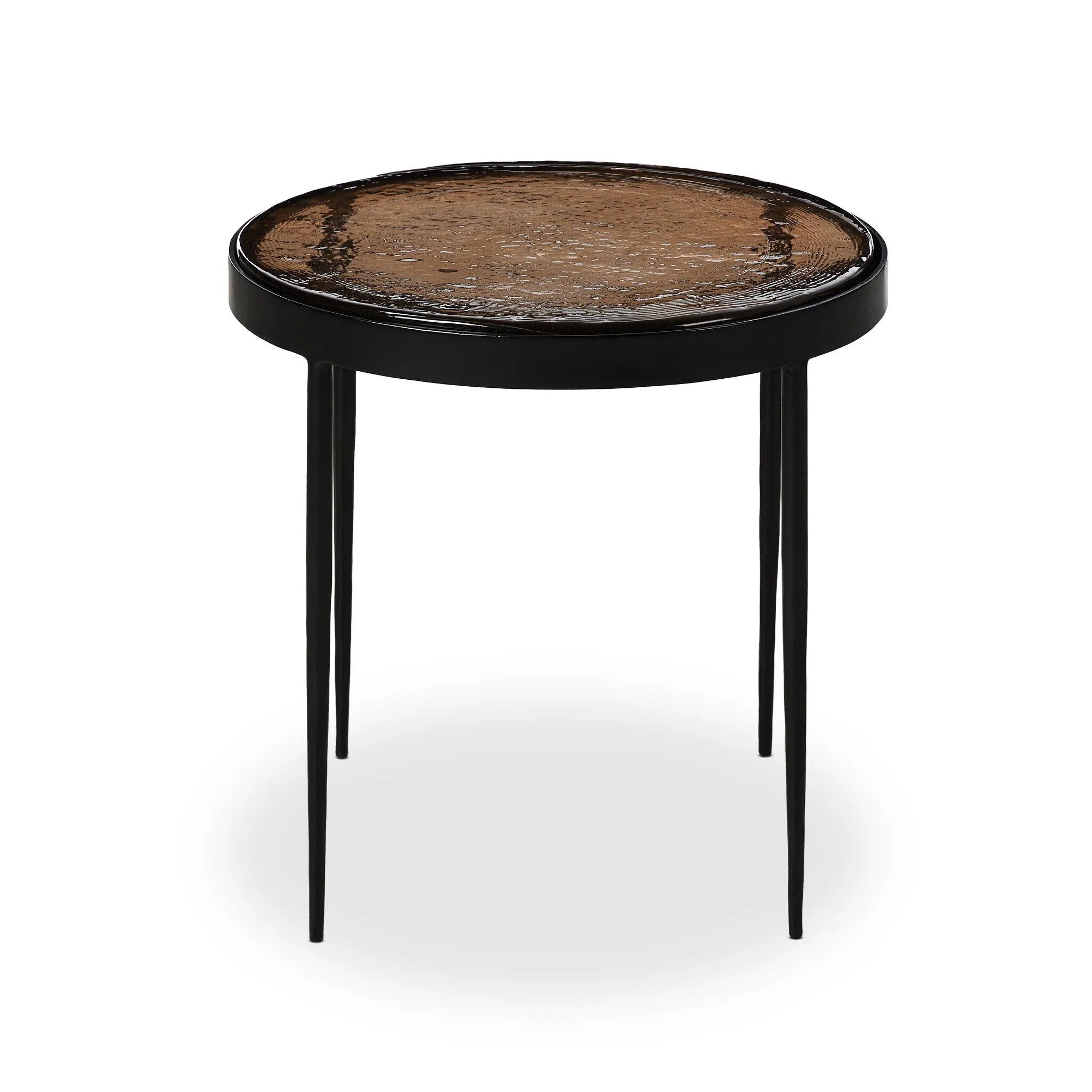 Smoky brown glass-topped table with slim, tapered matte black metal frames for a sleek, modern look. Part of a nesting set, can be used alone or paired with its larger counterpart.Collection: Marlo Amethyst Home provides interior design, new home construction design consulting, vintage area rugs, and lighting in the Houston metro area.