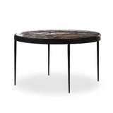 Smoky brown glass-topped table with slim, tapered matte black metal frames for a sleek, modern look. Part of a nesting set, can be used alone or paired with its smaller counterpart.Collection: Marlo Amethyst Home provides interior design, new home construction design consulting, vintage area rugs, and lighting in the Los Angeles metro area.