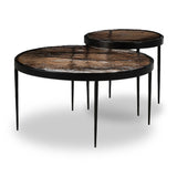 Smoky brown glass tops with slim, tapered matte black metal frames in a sleek, contemporary design. Available as a nesting set or standalone tables.Collection: Marlo Amethyst Home provides interior design, new home construction design consulting, vintage area rugs, and lighting in the Omaha metro area.