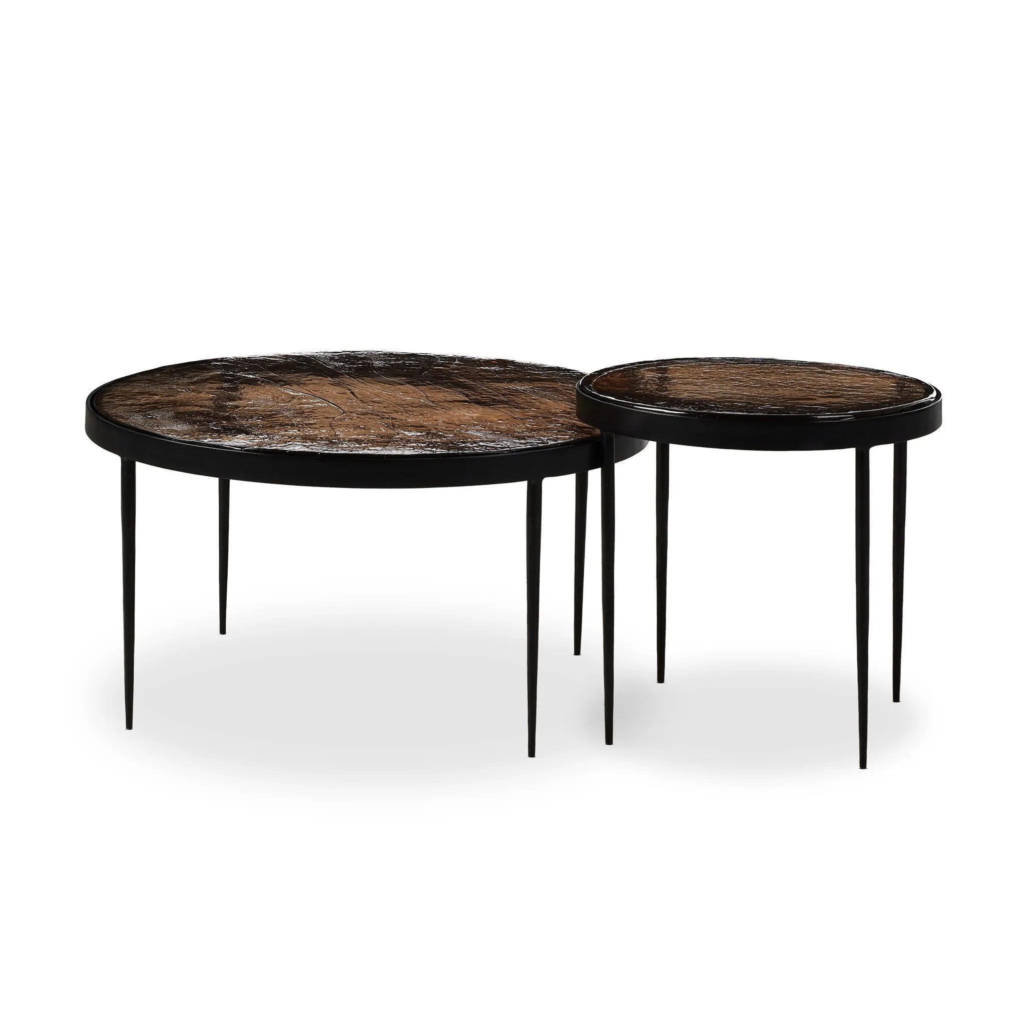 Smoky brown glass tops with slim, tapered matte black metal frames in a sleek, contemporary design. Available as a nesting set or standalone tables.Collection: Marlo Amethyst Home provides interior design, new home construction design consulting, vintage area rugs, and lighting in the Park City metro area.
