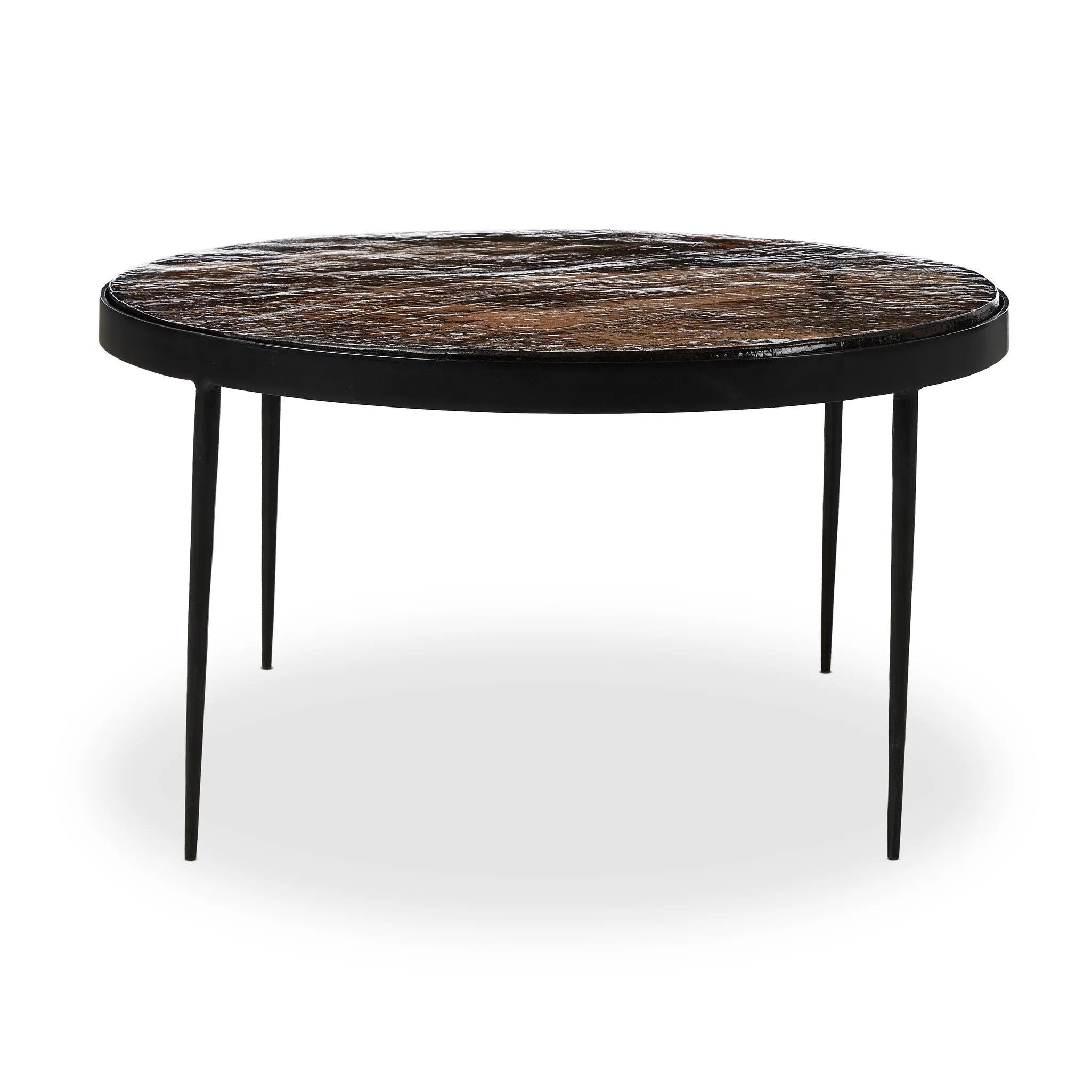 Smoky brown glass-topped table with slim, tapered matte black metal frames for a sleek, modern look. Part of a nesting set, can be used alone or paired with its smaller counterpart.Collection: Marlo Amethyst Home provides interior design, new home construction design consulting, vintage area rugs, and lighting in the Washington metro area.