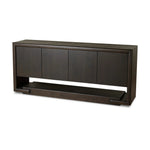 Store favorite table linens and serveware in an oak sideboard with a unique float-like appearance. A thick base doubles as bonus shelving, with inserted waterfall framing lifting up the full case. Finished in a smoked black to showcase gorgeous wood character. Amethyst Home provides interior design, new home construction design consulting, vintage area rugs, and lighting in the Houston metro area.