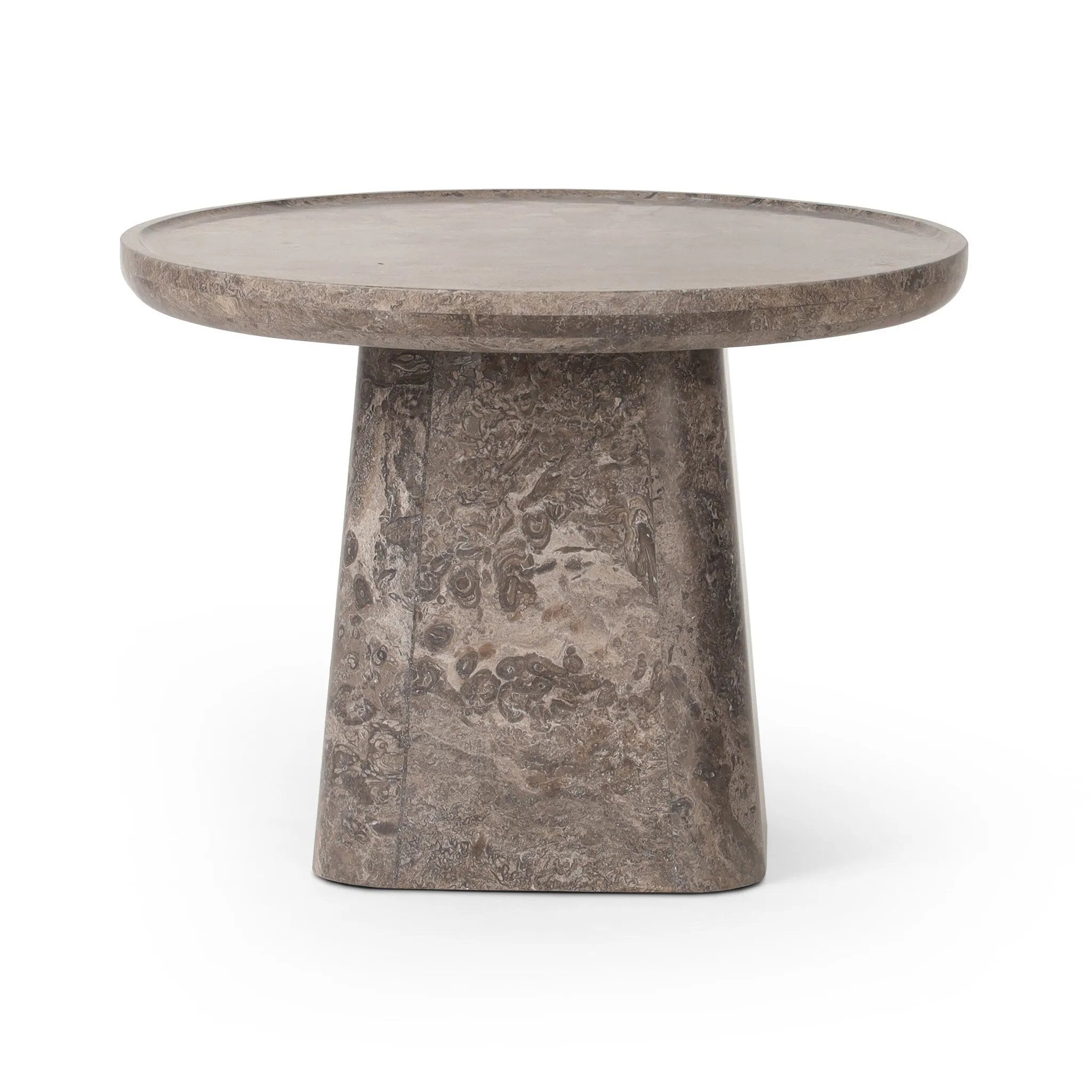 Featuring Zane Warm Grey Marble End Table by Four Hands at Amethyst Home. Ground your living space with a rounded end table of grey-finished marble. With thoughtful design touches like bullnose edging and a tray-style top, this table's detailing crafts an elevated artisan look that's sure to spark conversation. Overall Dimensions: 24.50"w x 24.50"d x 18. Amethyst Home provides interior design, new home construction design consulting, vintage area rugs, and lighting in the Newport Beach metro area.