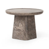 Featuring Zane Warm Grey Marble End Table by Four Hands at Amethyst Home. Ground your living space with a rounded end table of grey-finished marble. With thoughtful design touches like bullnose edging and a tray-style top, this table's detailing crafts an elevated artisan look that's sure to spark conversation. Overall Dimensions: 24.50"w x 24.50"d x 18.00"h. Amethyst Home provides interior design, new home construction design consulting, vintage area rugs, and lighting in the Tampa metro area.