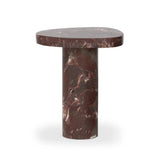Shape and material share the spotlight in this pedestal-style end table of solid marble finished in a rich merlot with natural veining Amethyst Home provides interior design, new home construction design consulting, vintage area rugs, and lighting in the Laguna Beach metro area.