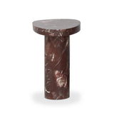 Shape and material share the spotlight in this pedestal-style end table of solid marble finished in a rich merlot with natural veining Amethyst Home provides interior design, new home construction design consulting, vintage area rugs, and lighting in the Park City metro area.