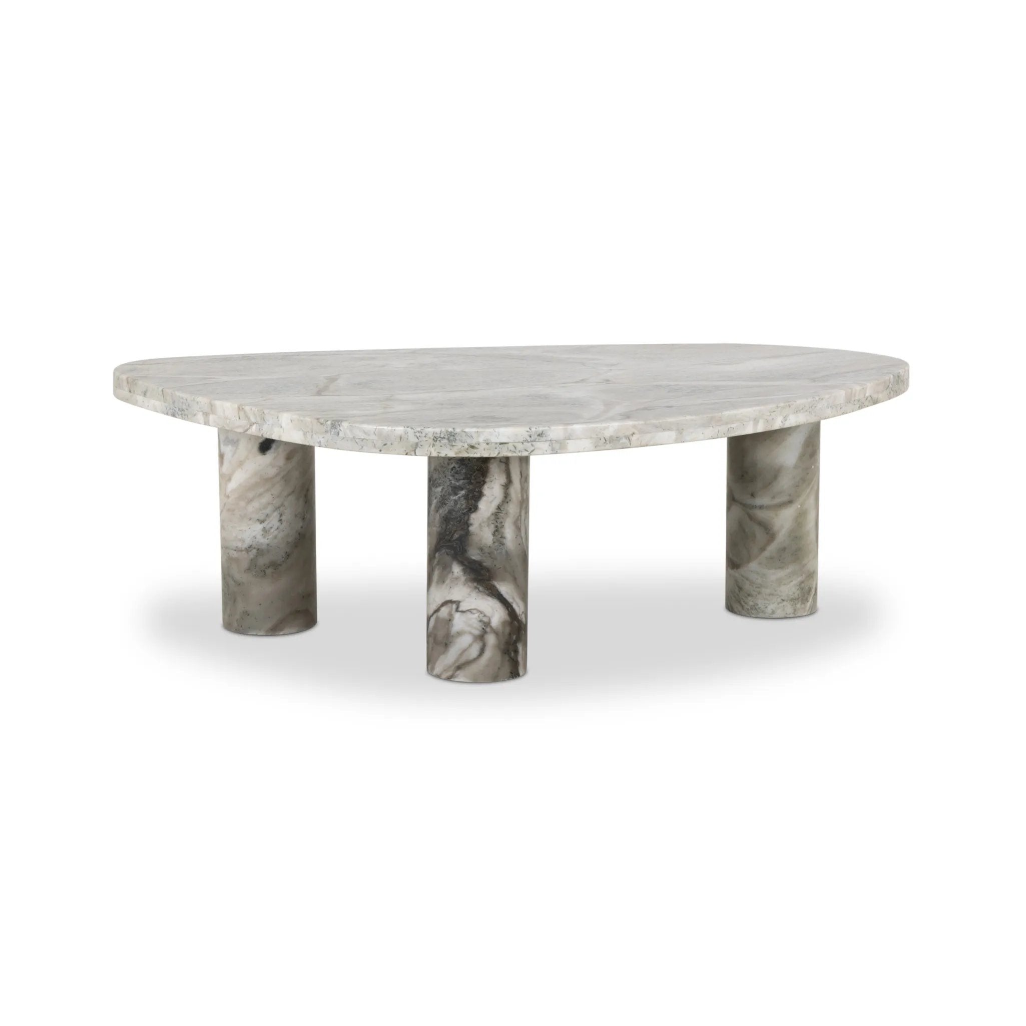 Shape and material share the spotlight in this large, tripod-style onyx coffee table. Turned, pillar legs and dramatic natural veining offer a look of movement. Option to pair with smaller matching table for a nested look Amethyst Home provides interior design, new home construction design consulting, vintage area rugs, and lighting in the Nashville metro area.