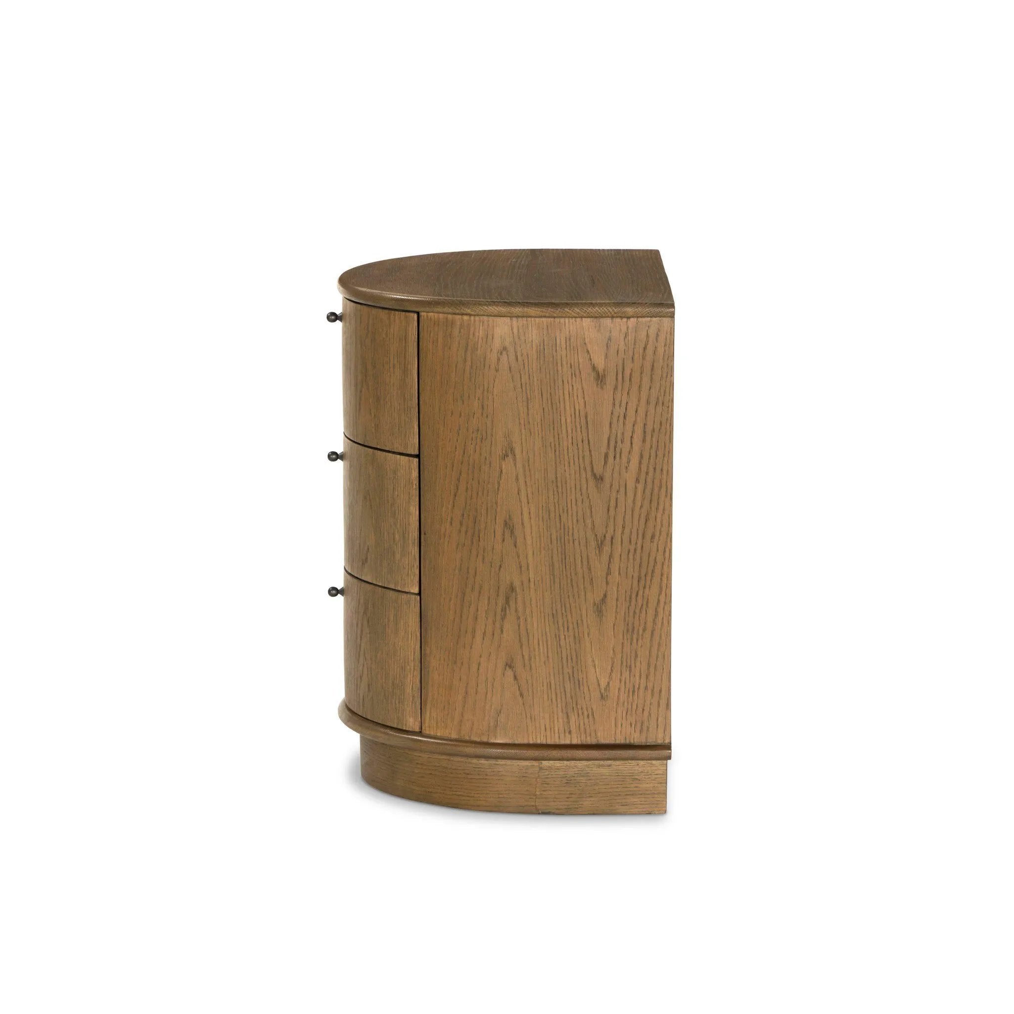 Modern with hints of heritage and Art Deco, crafted of warm, spiced oak. A flexible layering piece that can be styled just about anywhere — as a nightstand or in the entryway or hallway, its slight scale and demilune shape are great for smaller spaces, as its flat back can be styled right up against the wall. Amethyst Home provides interior design, new home construction design consulting, vintage area rugs, and lighting in the Des Moines metro area.