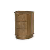 Modern with hints of heritage and Art Deco, crafted of warm, spiced oak. A flexible layering piece that can be styled just about anywhere — as a nightstand or in the entryway or hallway, its slight scale and demilune shape are great for smaller spaces, as its flat back can be styled right up against the wall. Amethyst Home provides interior design, new home construction design consulting, vintage area rugs, and lighting in the Scottsdale metro area.