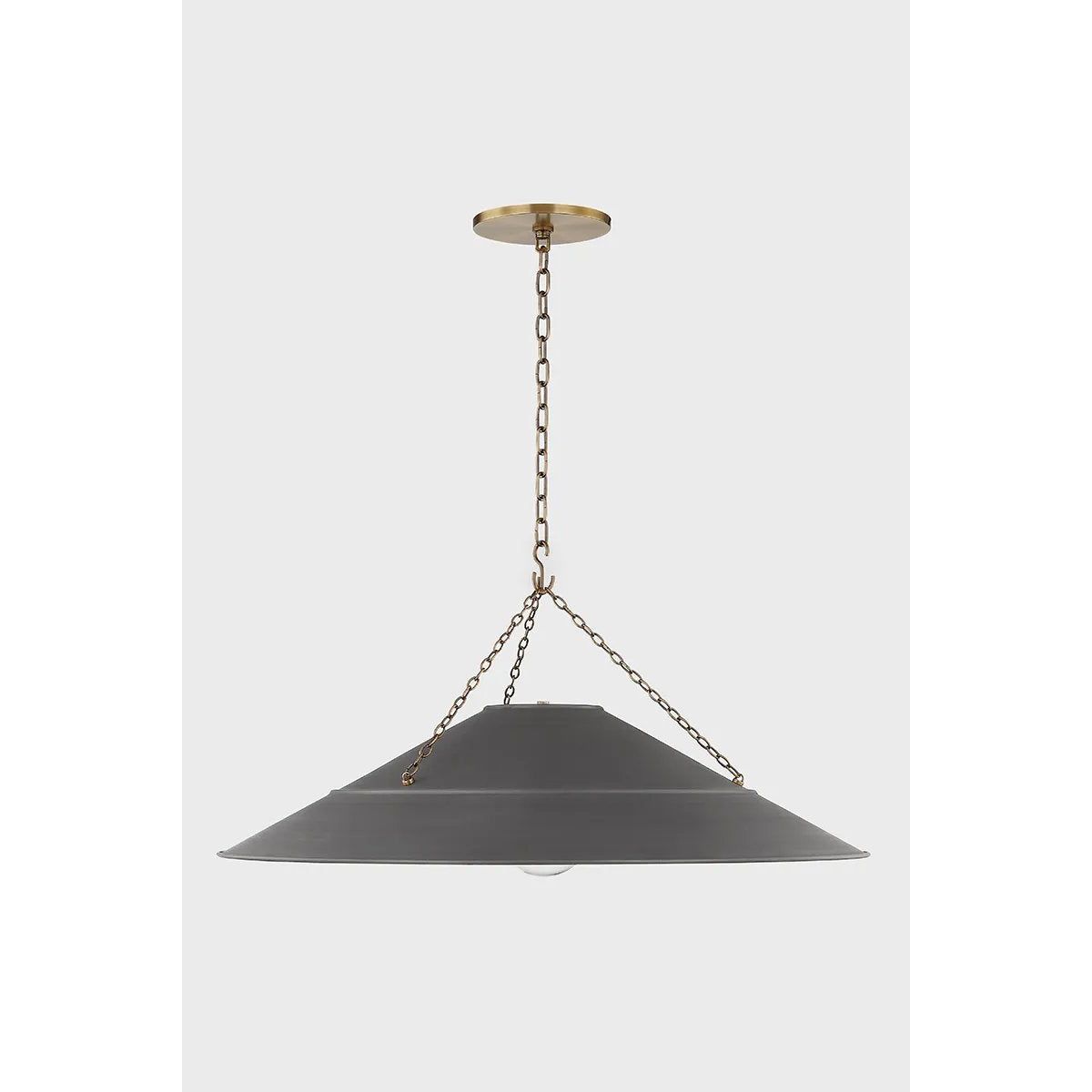 With its exposed metalwork, chain detailing, and unique finish combination, Arcane has an elevated, industrial vibe. The graphite shade feels chic and gives off a warm glow. The Patina Brass hardware, chain, and canopy add a hint of shine that plays wonderfully off the graphite. Amethyst Home provides interior design, new home construction design consulting, vintage area rugs, and lighting in the Omaha metro area.