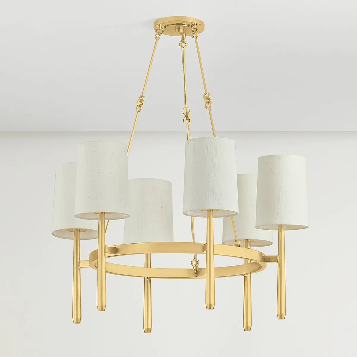 Combining soft materiality and refined form language, the Bridgeton family blends into both modern and classic interiors. Natural silk shades add depth and richness by adding texture to the framework. While the sconce is minimal and timeless, the two sizes of chandelier feature a unique twist on a ring silhouette. Amethyst Home provides interior design, new home construction design consulting, vintage area rugs, and lighting in the Miami metro area.