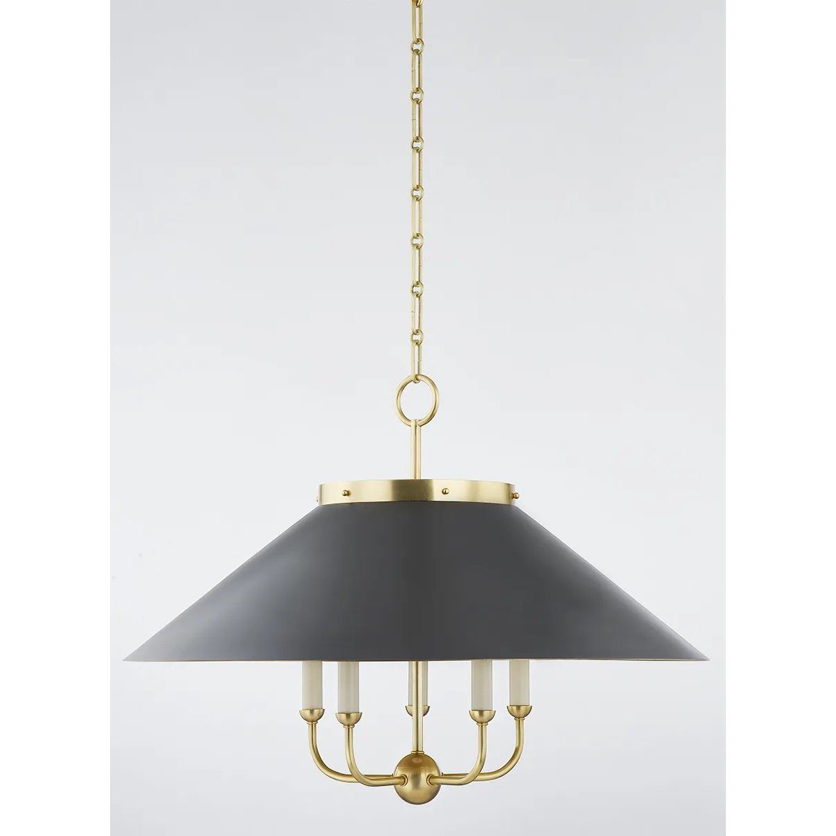 This classic metal shade design feels special with fresh finish combinations and sleek, heritage-inspired details. The contrastiing Aged Brass accents and modern gooseneck arm allow the pendants and sconce an updated, yet classic feel. The tapered shade over a five-light candelabra give the chandelier new traditional appeal. Amethyst Home provides interior design, new home construction design consulting, vintage area rugs, and lighting in the Laguna Beach metro area.