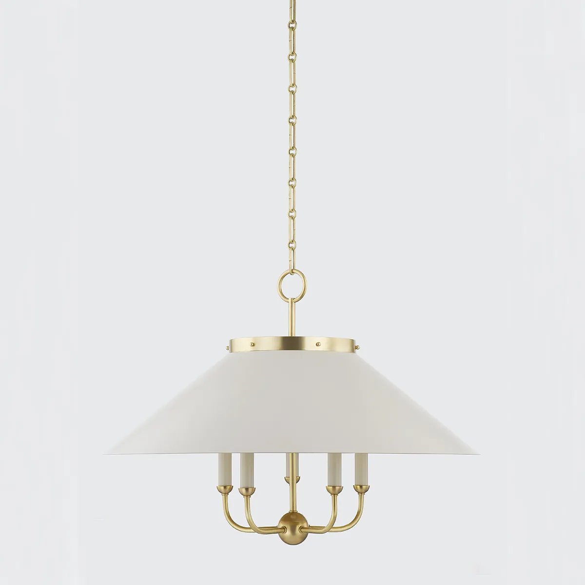 This classic metal shade design feels special with fresh finish combinations and sleek, heritage-inspired details. The contrastiing Aged Brass accents and modern gooseneck arm allow the pendants and sconce an updated, yet classic feel. The tapered shade over a five-light candelabra give the chandelier new traditional appeal. Amethyst Home provides interior design, new home construction design consulting, vintage area rugs, and lighting in the San Diego metro area.