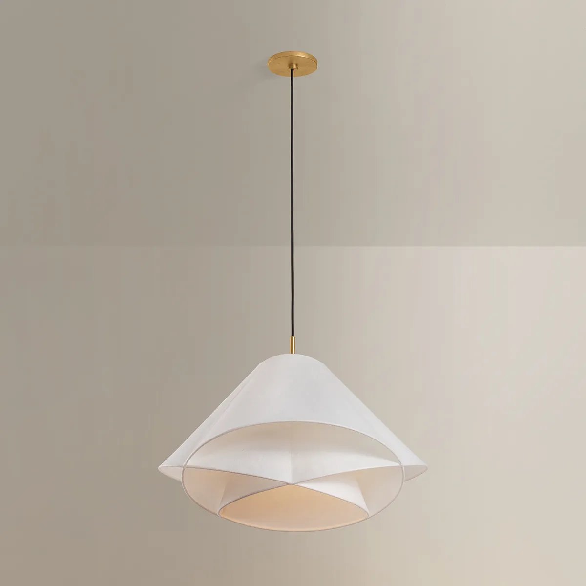 The dynamically layered design of the Edna pendant seeks to push the boundaries of what is possible with a handmade paper shade construction. Constructed as one piece, the shade is comprised of three identical pieces that intersect one another in a perfect geometric array. Amethyst Home provides interior design, new home construction design consulting, vintage area rugs, and lighting in the Nashville metro area.