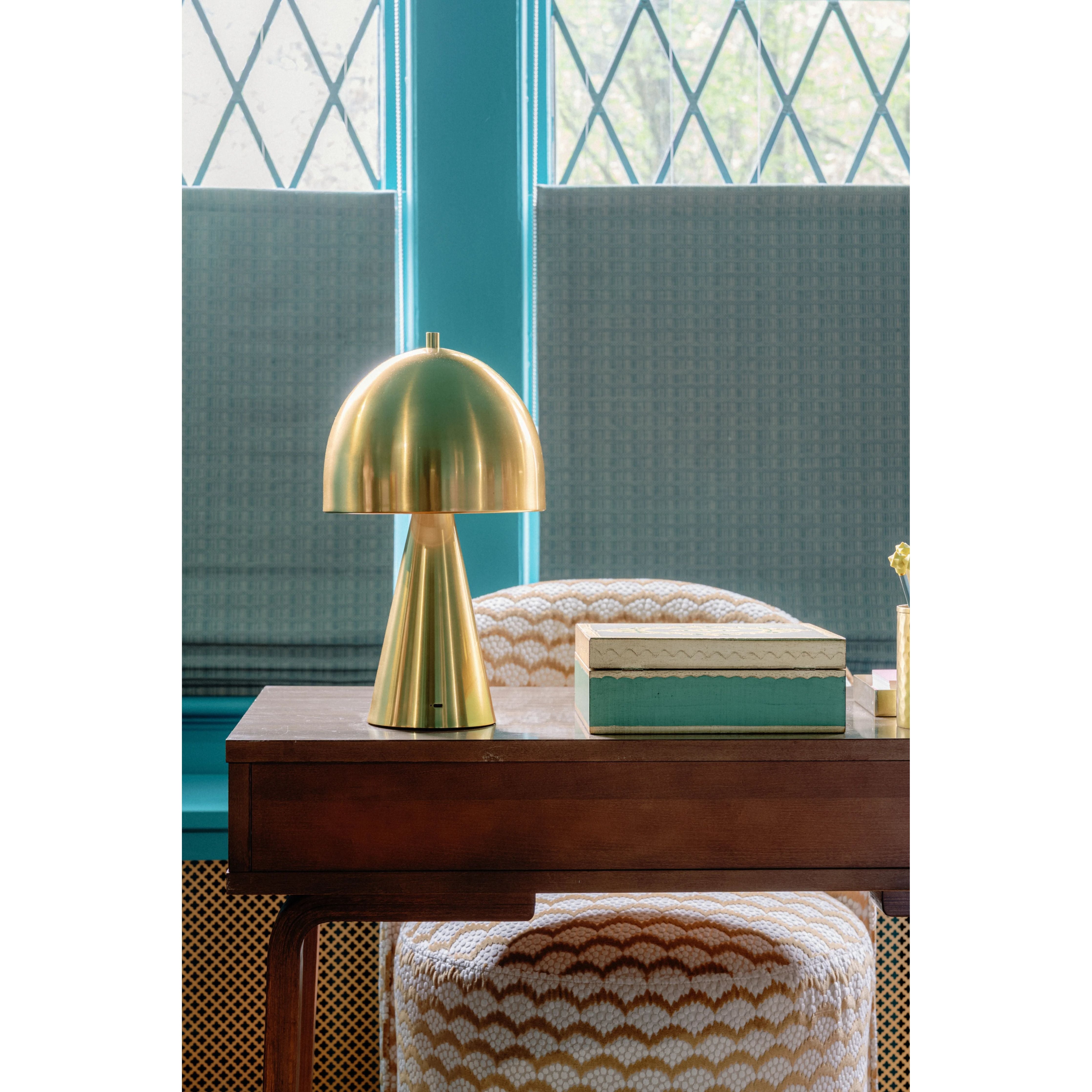 The contrast between the oblong domed shade and the conical base of Hopkinton creates a striking geometric design. Whether this petite lamp is finished in Aged Brass or Distressed Bronze, the on-trend mushroom silhouette adds a dose of personality. Its integrated rechargeable LED light source ensures lasting functionality.  Amethyst Home provides interior design, new home construction design consulting, vintage area rugs, and lighting in the Scottsdale metro area.