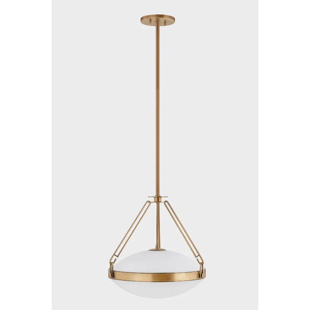 The Kade pendant updates a nostalgic shape with sleek, industrial metalwork and two large opal matte glass shades. Inspired by vintage elements, it features a striking suspension technique with three oversized loops connecting to the central housing above the fixture. The Patina Brass finish adds old-world finesse to the frame. Amethyst Home provides interior design, new home construction design consulting, vintage area rugs, and lighting in the Salt Lake City metro area.