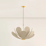 Inspired by the softly layered petals of a coneflower, this whimsical pendant blooms in mid-air to create an airy centerpiece. The natural linen shades of Nadine curl into a staggered, domed array that conceals the inner light source. Elegantly suspended from a refined Aged Brass rod and chain, Nadine is a botanic delight for the modern home.  Amethyst Home provides interior design, new home construction design consulting, vintage area rugs, and lighting in the Monterey metro area.