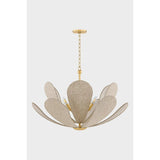 Inspired by the softly layered petals of a coneflower, this whimsical pendant blooms in mid-air to create an airy centerpiece. The natural linen shades of Nadine curl into a staggered, domed array that conceals the inner light source. Elegantly suspended from a refined Aged Brass rod and chain, Nadine is a botanic delight for the modern home.  Amethyst Home provides interior design, new home construction design consulting, vintage area rugs, and lighting in the Salt Lake City metro area.