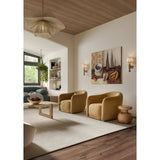 Inspired by the Scandinavian minimalist designs of Uno &amp; Östen Kristiansson, the Nola sconce’s gentle forms are constructed from natural neutrals. The base of the sconce has been handcarved from Cerused Whitewash Wood with its vertical grain and blond finish adding a dynamic texture to the piece. Amethyst Home provides interior design, new home construction design consulting, vintage area rugs, and lighting in the Houston metro area.