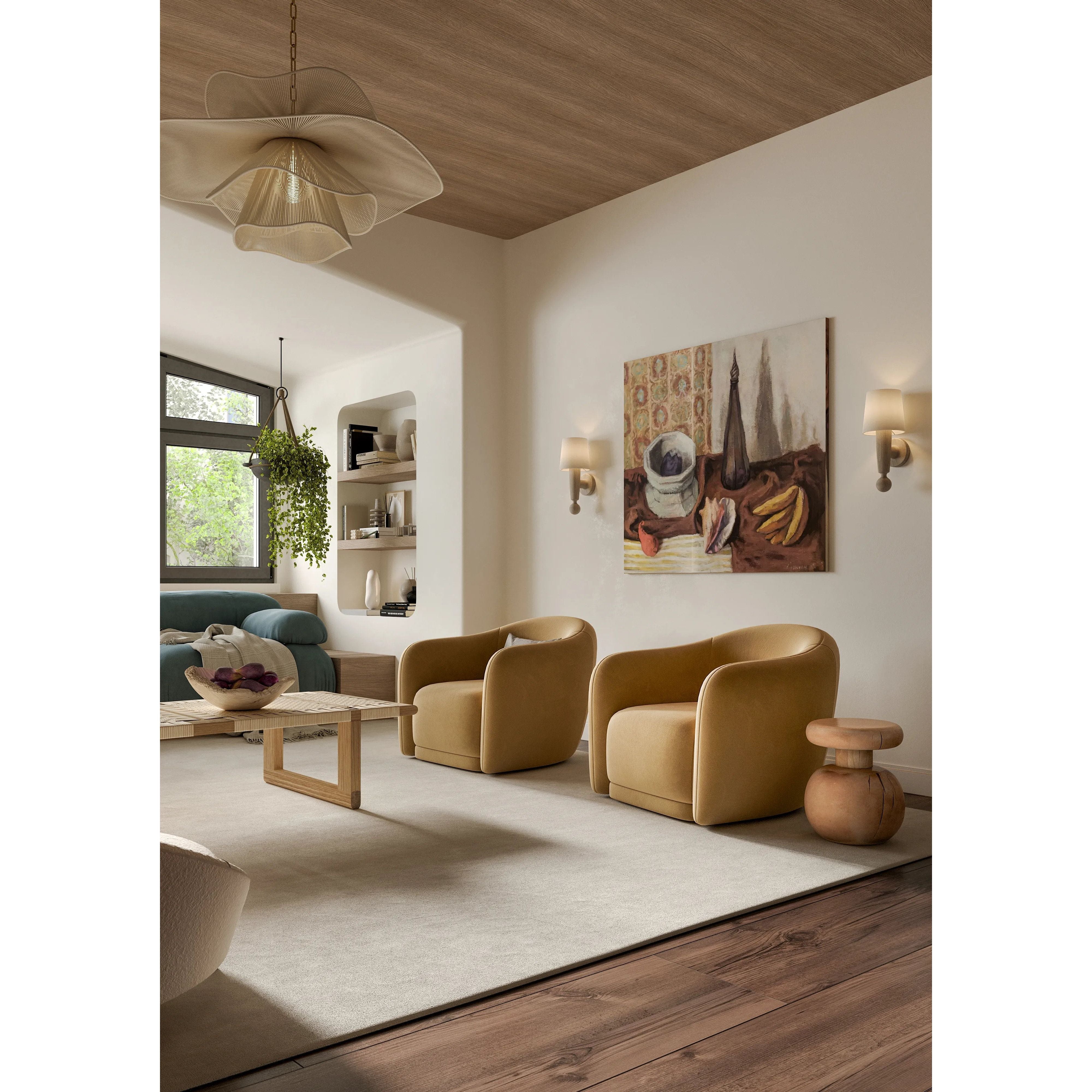 Inspired by the Scandinavian minimalist designs of Uno &amp; Östen Kristiansson, the Nola sconce’s gentle forms are constructed from natural neutrals. The base of the sconce has been handcarved from Cerused Whitewash Wood with its vertical grain and blond finish adding a dynamic texture to the piece. Amethyst Home provides interior design, new home construction design consulting, vintage area rugs, and lighting in the Houston metro area.