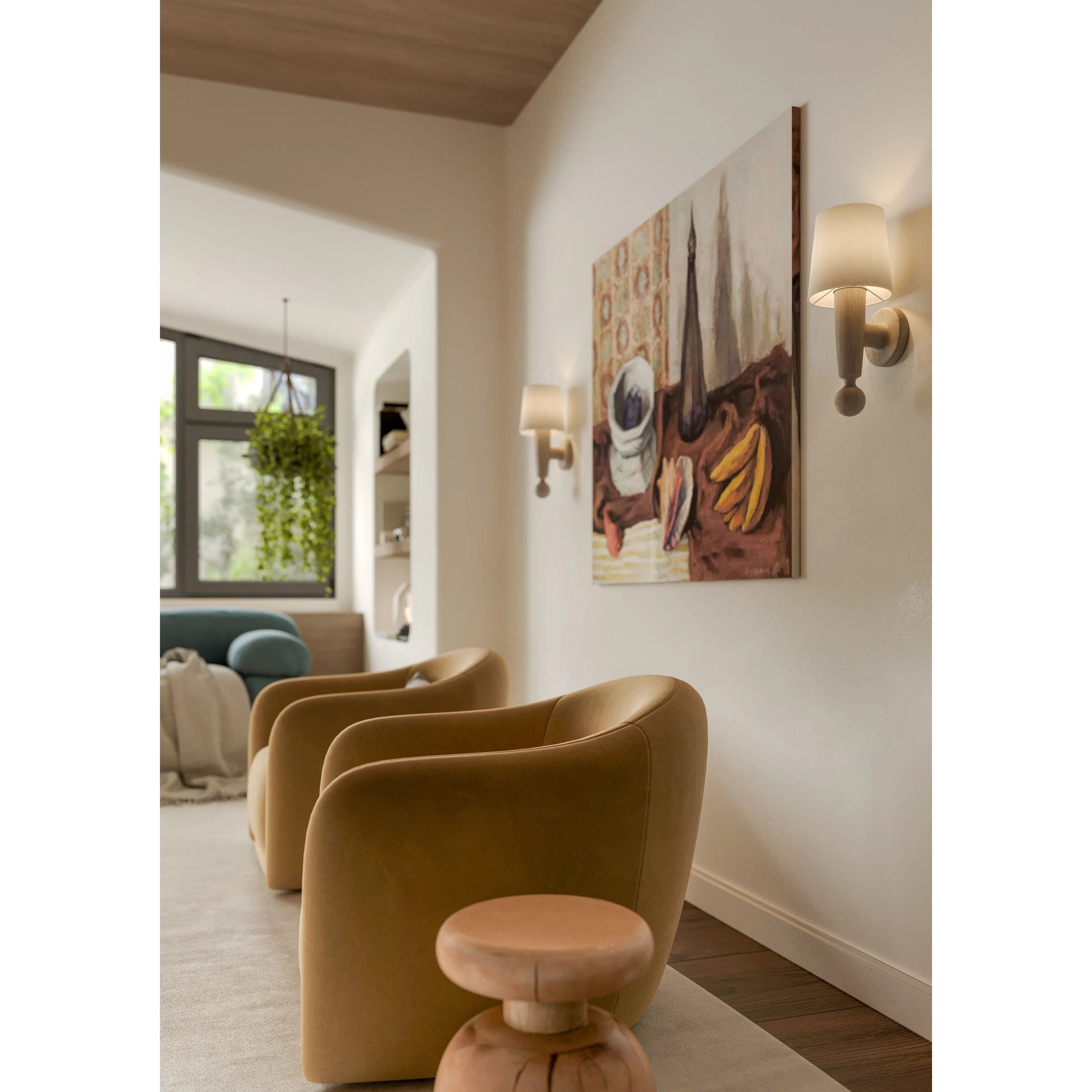 Inspired by the Scandinavian minimalist designs of Uno &amp; Östen Kristiansson, the Nola sconce’s gentle forms are constructed from natural neutrals. The base of the sconce has been handcarved from Cerused Whitewash Wood with its vertical grain and blond finish adding a dynamic texture to the piece. Amethyst Home provides interior design, new home construction design consulting, vintage area rugs, and lighting in the Omaha metro area.