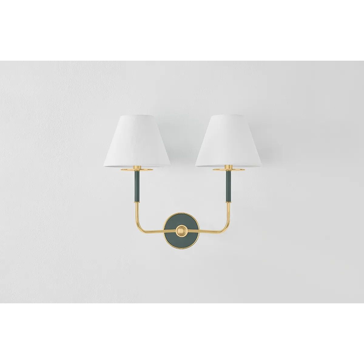 The refined framework and soft, tailored shades of Wedgewood evoke a sense of timeless, European charm. Available with one or two lights, this sconce features a classic shape, mixed finishes, and gently curved metalwork. Amethyst Home provides interior design, new home construction design consulting, vintage area rugs, and lighting in the Washington metro area.