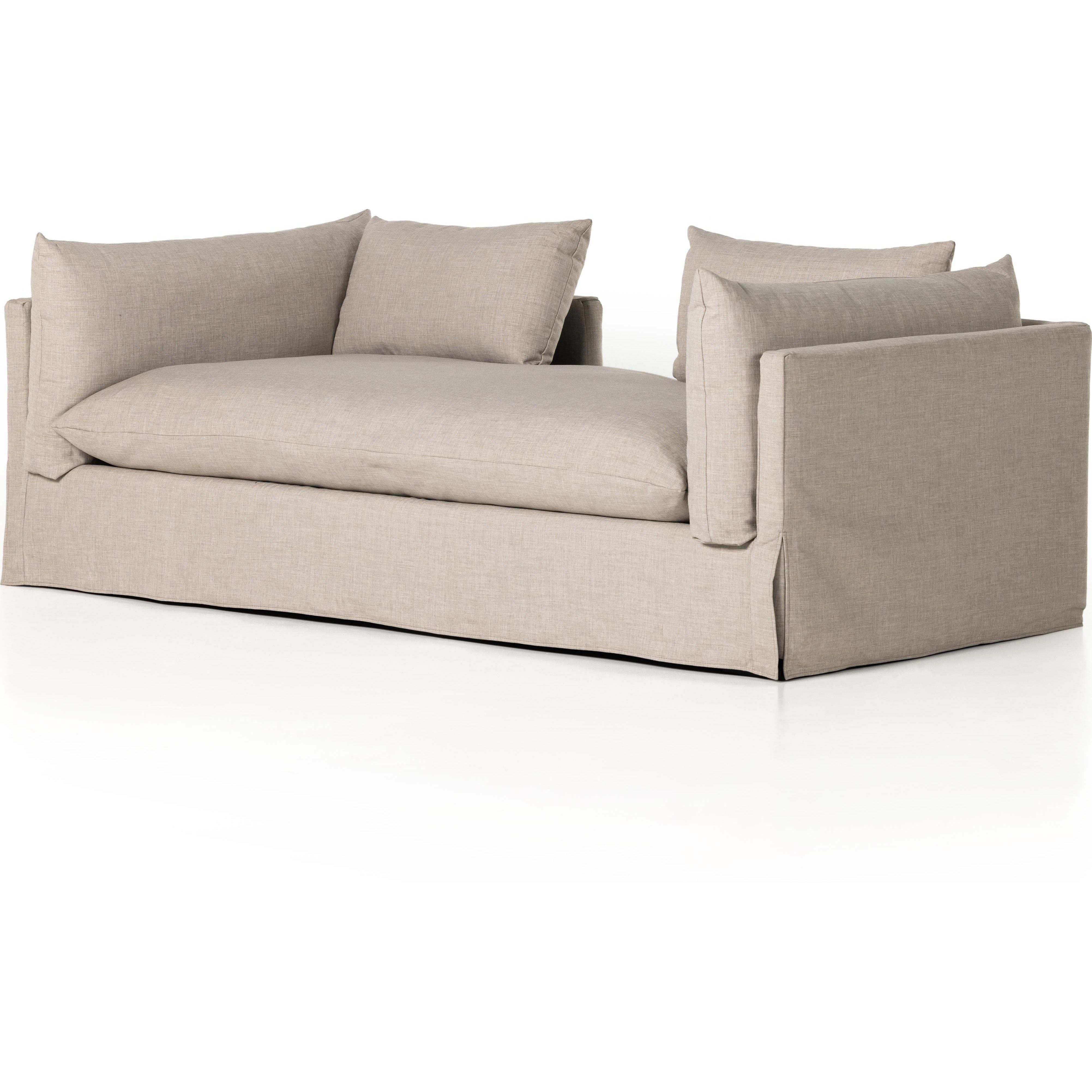 Featuring Habitat Bennett Moon Chaise by Four Hands at Amethyst Home. Chaise-style lounging, made for modern living. Neutral-toned upholstery covers shelter arms and oversize pillow-inspired cushion. Performance fabrics are specially created to withstand spills, stains, high traffic and wear, ensuring long-term comfort and unmatched durability.
Overall Dim. Amethyst Home provides interior design, new home construction design consulting, vintage area rugs, and lighting in the Des Moines metro area.