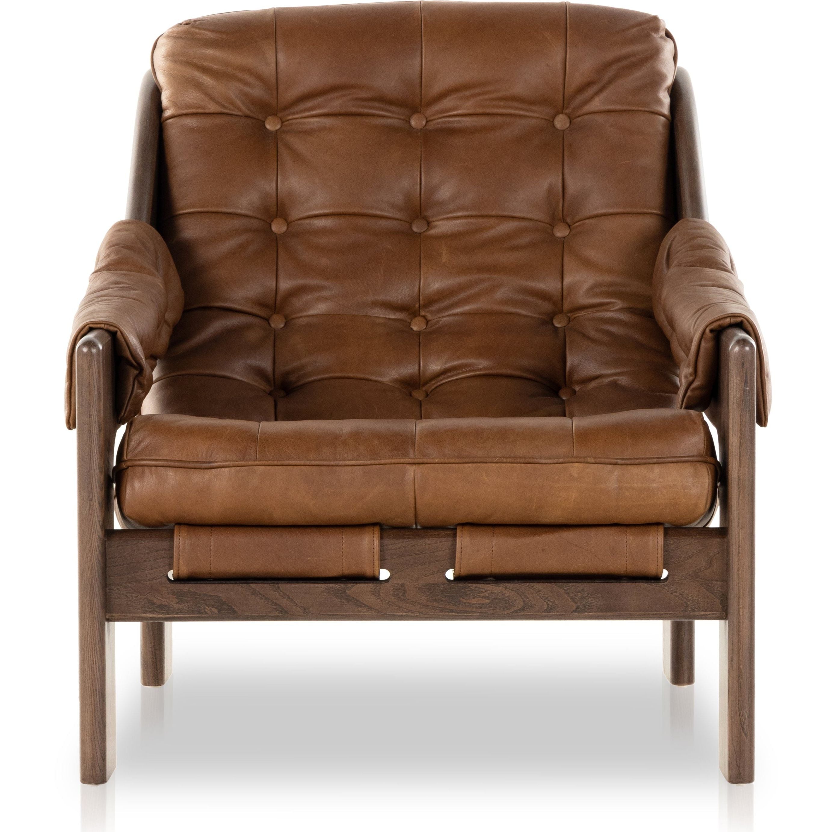 Featuring Halston Heirloom Sienna Chair by Four Hands at Amethyst Home. A Seventies-era style inspired by a flea market find, a dramatically tufted sling seat of black top-grain leather angles at the just-right pitch for total comfort, with wide, brown ash framing. Sourced from one of the oldest family-owned tanneries in Italy's Bassano del Grappa, heirloom. Amethyst Home provides interior design, new home construction design consulting, vintage area rugs, and lighting in the Park City metro area.