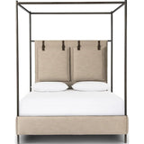 Featuring Leigh Palm Ecru Canopy Bed by Four Hands at Amethyst Home. Safari styling gets refreshed with modern-minded high-performance fabric. Leather straps secure decorative suspended headboard pillows. Box spring required. This bed is not compatible with an adjustable mattress.KingOverall Dimensions: 80.75"w x 84.75"d x 82.25"hWeight: 212.74 lbsQueenOve. Amethyst Home provides interior design, new home construction design consulting, vintage area rugs, and lighting in the Alpharetta metro area.