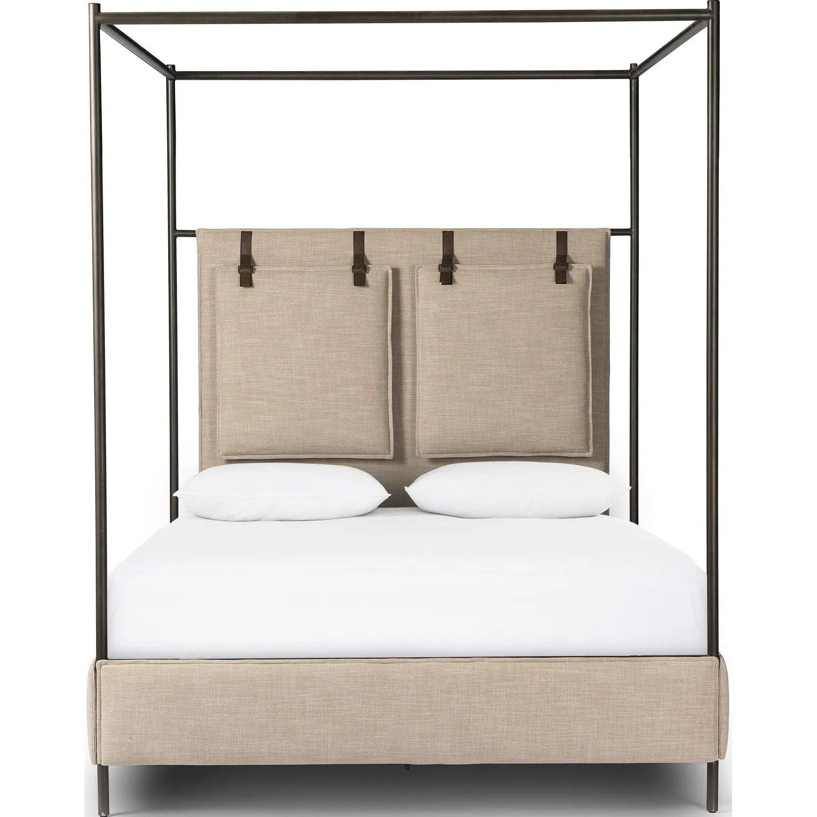 Featuring Leigh Palm Ecru Canopy Bed by Four Hands at Amethyst Home. Safari styling gets refreshed with modern-minded high-performance fabric. Leather straps secure decorative suspended headboard pillows. Box spring required. This bed is not compatible with an adjustable mattress.KingOverall Dimensions: 80.75"w x 84.75"d x 82.25"hWeight: 212.74 lbsQueenOve. Amethyst Home provides interior design, new home construction design consulting, vintage area rugs, and lighting in the Alpharetta metro area.
