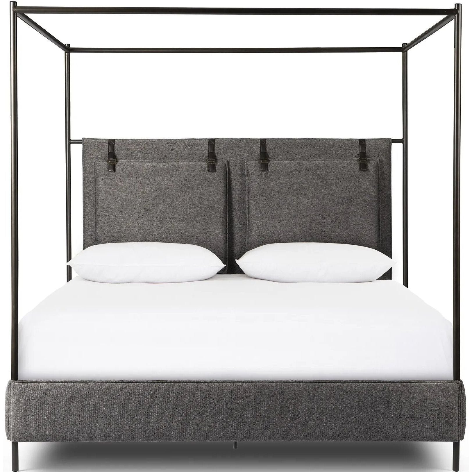 Featuring Leigh San Remo Ash Canopy Bed by Four Hands at Amethyst Home. Safari styling gets refreshed with ash grey fabric and leather straps that secure decorative suspended headboard pillows. Box spring required. This bed is not compatible with an adjustable mattress.KingOverall Dimensions: 80.75"w x 84.75"d x 82.25"hWeight: 212.74 lbsQueenOverall Dimens. Amethyst Home provides interior design, new home construction design consulting, vintage area rugs, and lighting in the Alpharetta metro area.